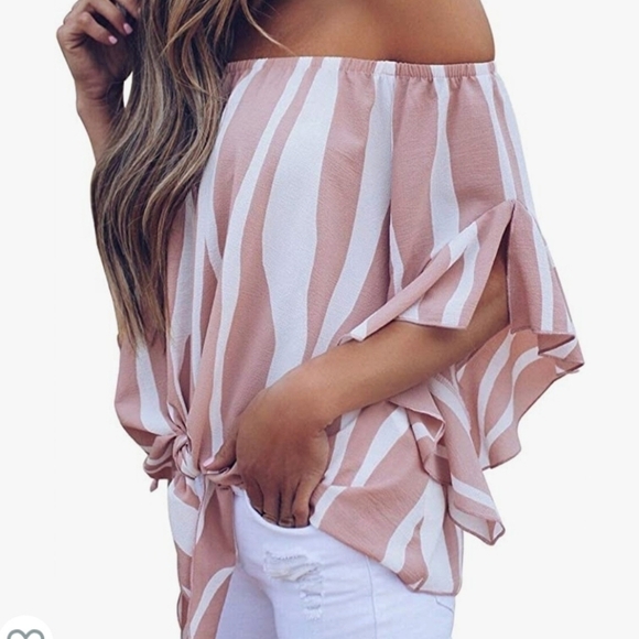 Womens Stripped off the shoulder top, bell sleeve with front tie knot Sz XL - Picture 2 of 5